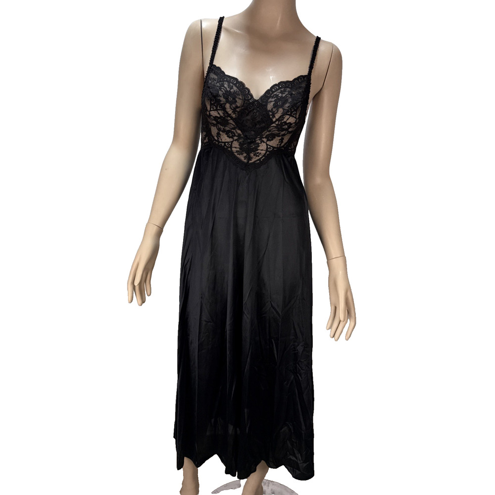 Olga Vintage Night Gown Black Satin Nylon Size S Lace Sheer Bodice Maxi Long